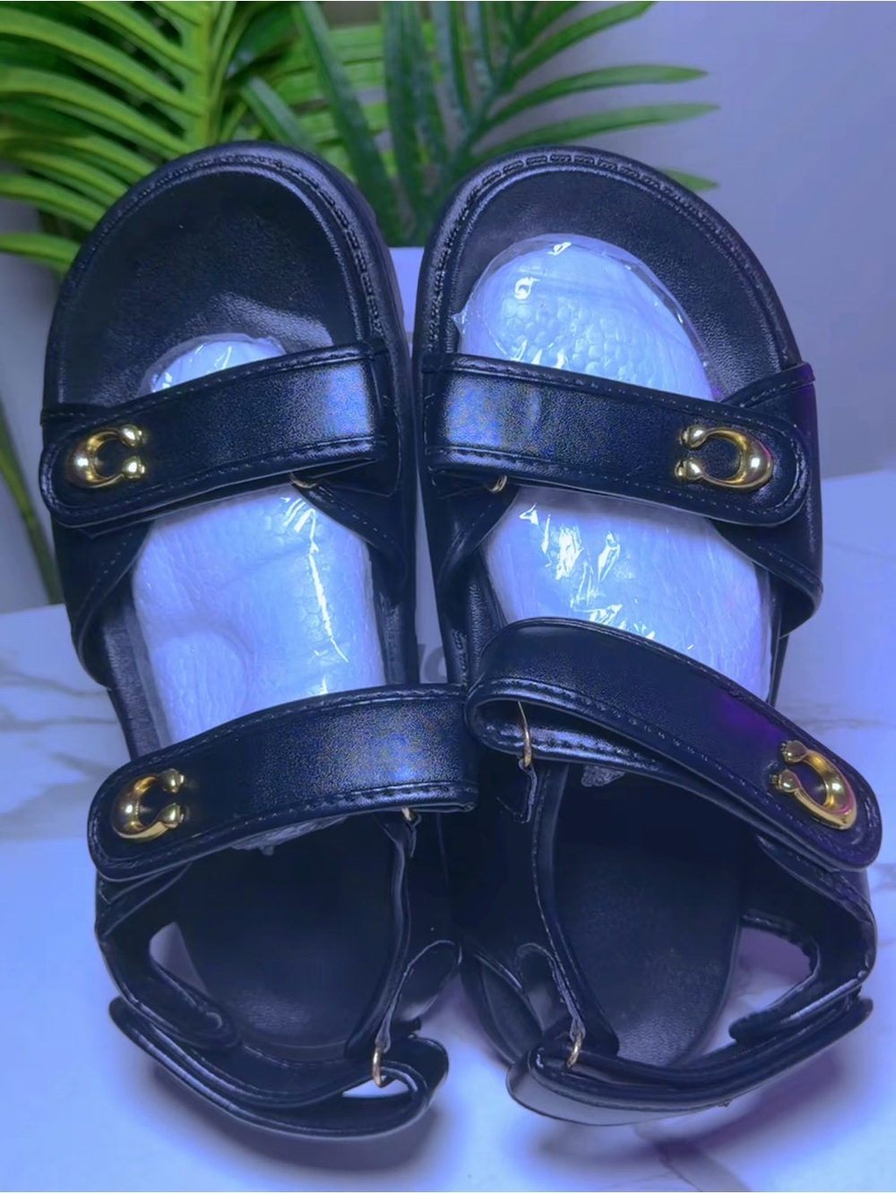 Kids Black Leather-Look Sandals with Gold Accent